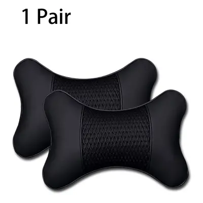 (B-Black 2X) 2Pcs PU Leather Knitted Car Pillows Headrest Neck Rest Cushion Support