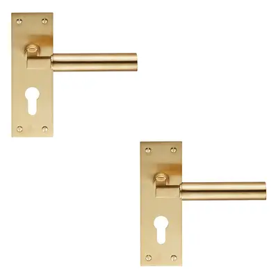 2x PAIR Round Bar Handle on Slim Euro Lock Backplate x 50mm Satin Brass