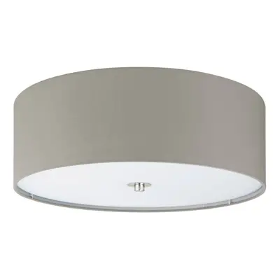 Flush Ceiling Light Colour Satin Nickel Shade Taupe Fabric Glass Bulb E27 3x60W