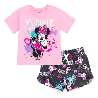 Disney Minnie Mouse Little Girls T-Shirt and French Terry Shorts Outfit Set Graffiti Pink