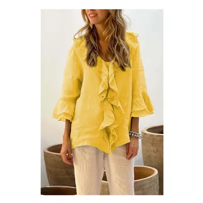 (Yellow, XL) Casual Vintage Solid Ruffle Shirts Top Women Spring Autumn Elegant V Neck Button Of