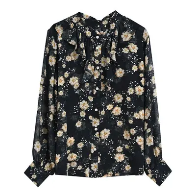 (MULTI, XXXL) Chiffon Blouse Ladies Spring Summer New Fashion Ruffles Top Tee Korean Floral O-ne