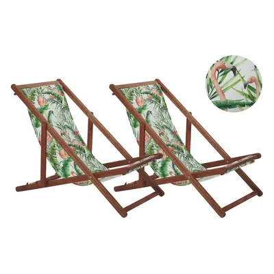 Set of Acacia Folding Deck Chairs and Replacement Fabrics Dark Wood with Off-White / Flamingo Pa