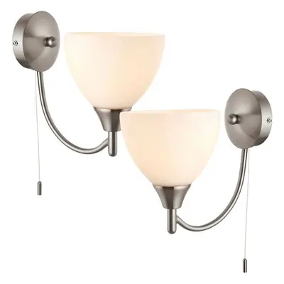 2 PACK Dimmable LED Wall Light Satin Chrome & Frosted Glass Shade Curved Lamp