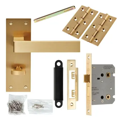 Door Handle & Bathroom Lock Pack Satin Brass Square Lever Turn Backplate