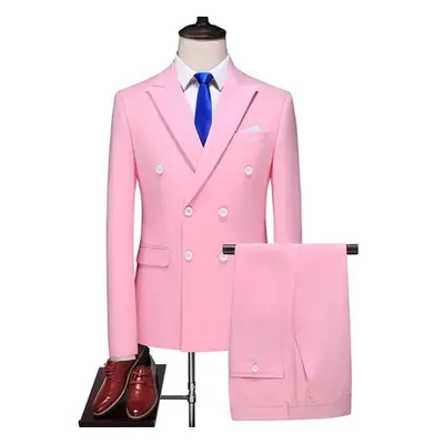 (pink, 3XL) Fashion Men&apos;s Business Double Breasted Solid Color Suit Coat / Male Slim Weddin