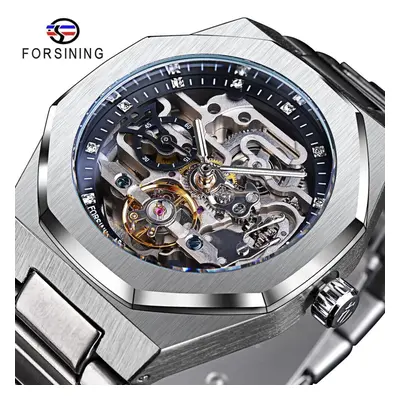 (black) Forsining Casual Automatic Watch 3D Diamond Skeleton Hollow Mens Wristwatches Luminous M