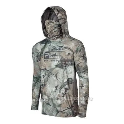 (M, 3) Pelagic Fishing Clothes UPF 50+ Hooded Face Mask Fishing Shirts Men's Outdoor Summer Sun 