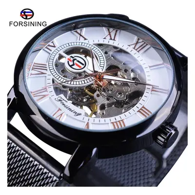 (white,black) Forsining Retro Fashion Design Skeleton Sport Mechanical Watch Luminous Hands Tran