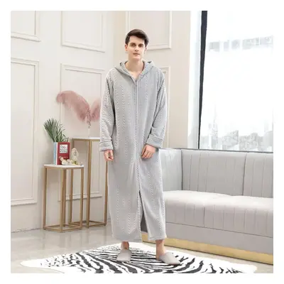 (gray, XL) Ramidos Couples Men&apos;s Lengthened Bathrobe Zipper Home Clothes Long Sleeved Robe 