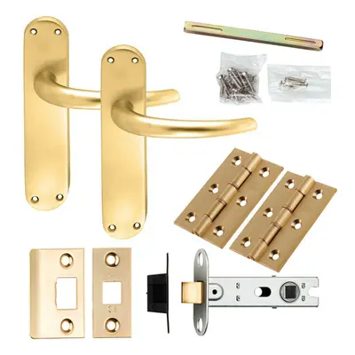 Door Handle & Latch Pack Satin Brass Slim Round Bar Lever Curved Backplate