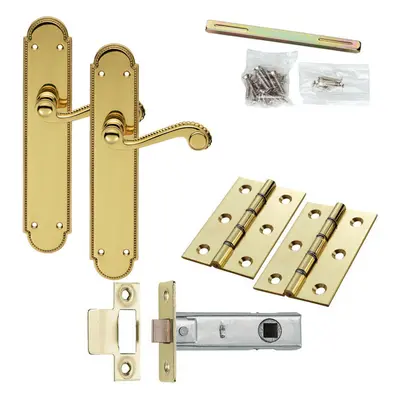 Door Handle & Latch Pack Brass Victorian Scroll Lever Round Beaded Backplate