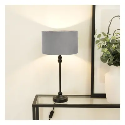 Maggie Black Candlestick Table Lamp with Grey Velvet Shade and Bulb