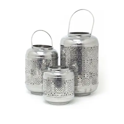 Set Of Silver Metal Lanterns | Hurricane Barrel Candle Lanterns | Decorative Candle Holders for 