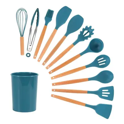 (blue, 12pcs (with storage bucket )) Non-stick Silicone Kitchenware Cooking Utensils Set Cookwar