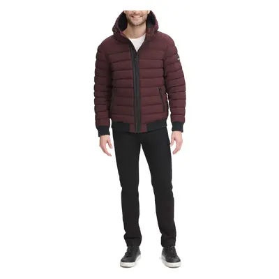 DKNY Men's Quilted Performance Hooded Bomber Jacket Oxblood Matte Str