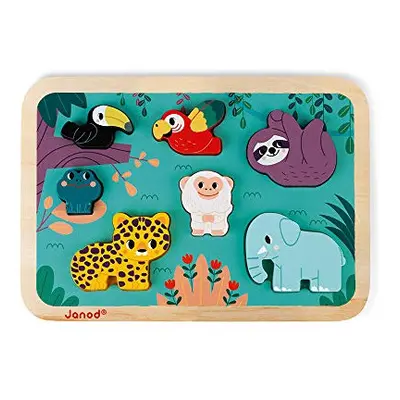 Janod - Chunky Jungle Wooden Puzzle - Pieces - Discover The Jungle Animals - Water Based Paint -