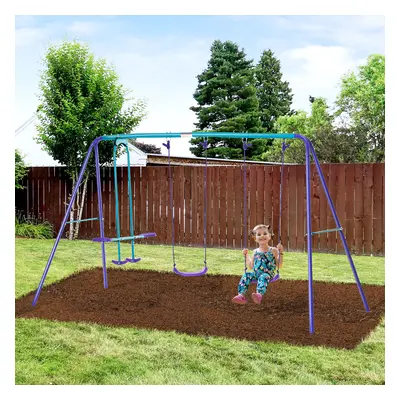 Outsunny Metal Swings & Seesaw Set Height Adjustable Outdoor Play Set, Green