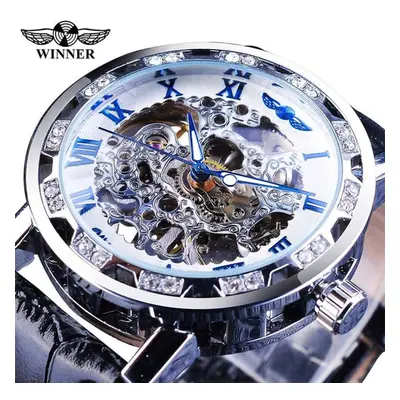 (white) Winner Black Golden Retro Luminous Hands Fashion Diamond Display Mens Mechanical Skeleto