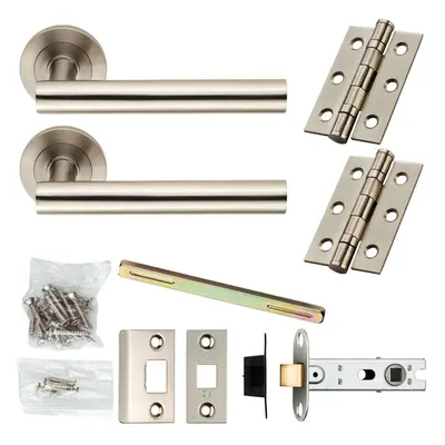 Door Handle & Latch Pack Satin Steel Straight Bar Lever Screwless Round Rose