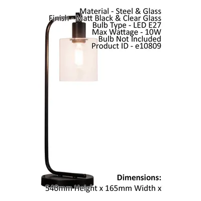 Table Lamp Matt Black & Clear Glass 10W LED E27 Complete Bedside Light