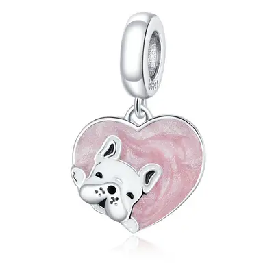 Bulldog Love Heart Dangle Charm Pendant Genuine Sterling Silver Compatible With Pandora Bracelet