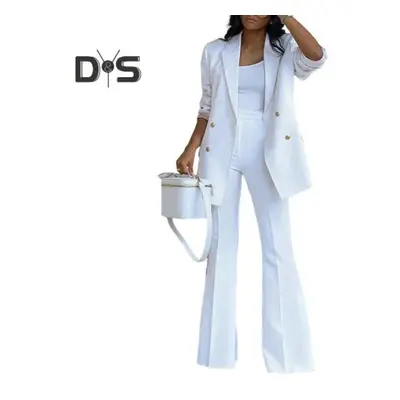 (white, L) Pcs/set Women Coat Pants Set Lapel Double-breasted Mid Length Cardigan Long Sleeve Ja