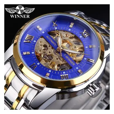 (blue) Winner Golden Black Diamond Dial Skeleton Stainless Steel Waterproof Luminous Hand Rome N