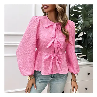 (Pink, XL) Spring Autumn Women's Blouse Female Puffed Sleeve Round Neck Long Sleeve Shirt Lady's