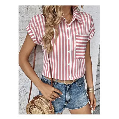 (Pink, M) Women's Blouses Summer V-neck Pocket Striped Printed Short Sleev Shirt For Women Offic