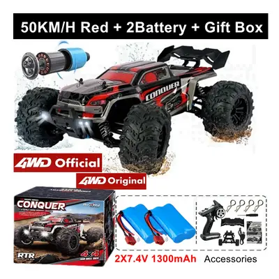 (50KM Red 2Battery) 4WD 1:16 Super Brushless Brushed RC Car 4x4 Off Road Remote Control High Spe