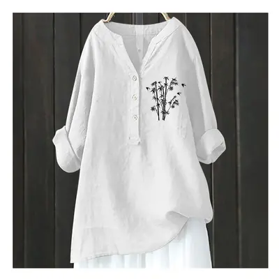 (HCY38, M) Women's Autumn Winter New Fashion Printed Button Up Shirt Long Sleeved Bamboo Linen C