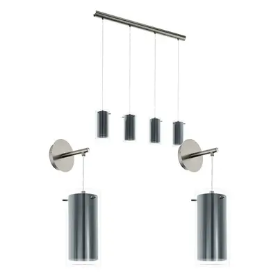 Quad Ceiling & 2x Matching Wall Lights Dark Nickel & Glass Shade Linear Bar