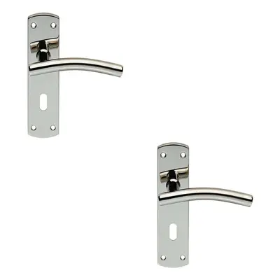 2x Curved Lever on Euro Backplate Door Handle x 44mm Polished & Satin Steel