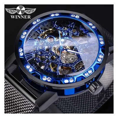 (blue) Winner Golden Watches Men Skeleton Mechanical Watch Crystal Mesh Slim Stainless Steel Ban