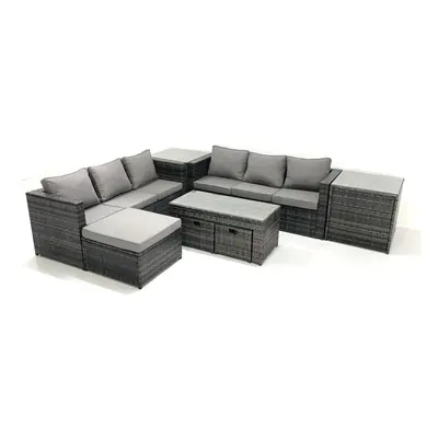 Fimous Garden Outdoor Rattan Furniture Set with Sofa Coffee table Footstools Side Tables Dark Gr