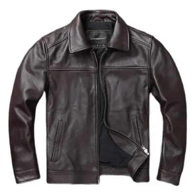 (dark brown, 2XL) Chinese Size Casual Men Leather Jacket Genuime Cowhide Slim Fit Black Brown Me