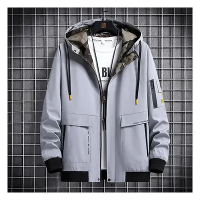 (grey, L) Men&apos;s Autumn Large Size Fashionable Thick Hooded Casual Jacket