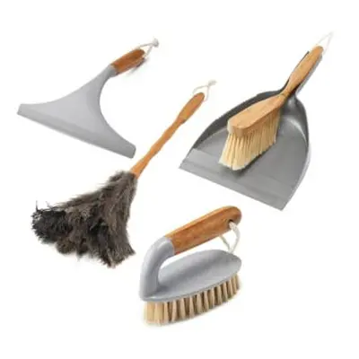 Addis Bamboo Cleaning Dusting Set of 4, Including Dustpan Set, Ostrich Duster, Shower Squeegee a