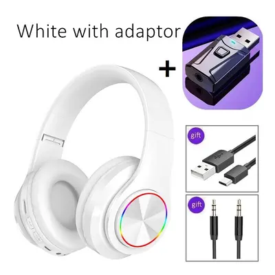 (White with adaptor) Noise Cancelling Wireless Headphones With Mic Foldable Bluetooth Headset