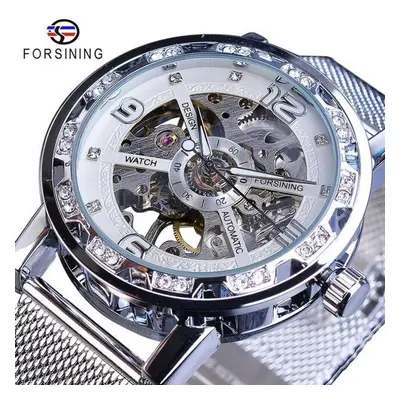 (white) Forsining Golden Skeleton Mechanical Watch Stainless Steel Mesh Band Luminous Hand Men W