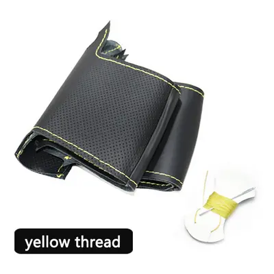 (Yellow Thread) Handsewing Black Genuine Leather Steering Wheel Covers For BMW E60 530i