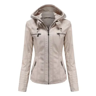 (beige, 3XL) Women Spring Autumn Hooded Two Piece Removable Large Size Pu Washed Leather Jacket 