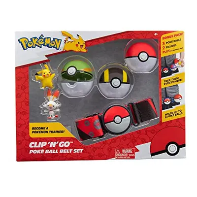 Clip 'n' Go Poke Ball Belt Set (Ultra Ball, Poke Ball, Nest Ball, Scorbunny, Pikachu, Red Belt) 