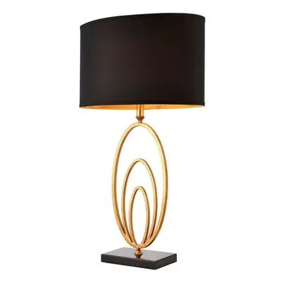 Modern Table Lamp Light Gold Loop Ring & Black Marble Square Base Round Shade