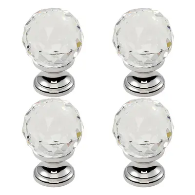 4x Faceted Crystal Cupboard Door Knob 31mm Dia Polished Chrome Cabinet Handle