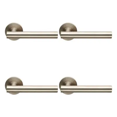 4x PAIR Straight Round T Bar Lever on Slim Round Rose Concealed Fix Satin Steel