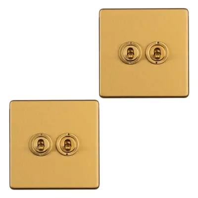 2 PACK Gang Double Retro Toggle Light Switch SCREWLESS SATIN BRASS 10A Way