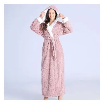 (L, pink) Danmo Loose Long Thick Bath Robe Hooded Winter Thick Women Bathrobe Flannel Terry Warm