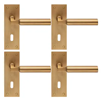 4x PAIR Round Bar Handle on Slim Lock Backplate x 50mm Antique Brass